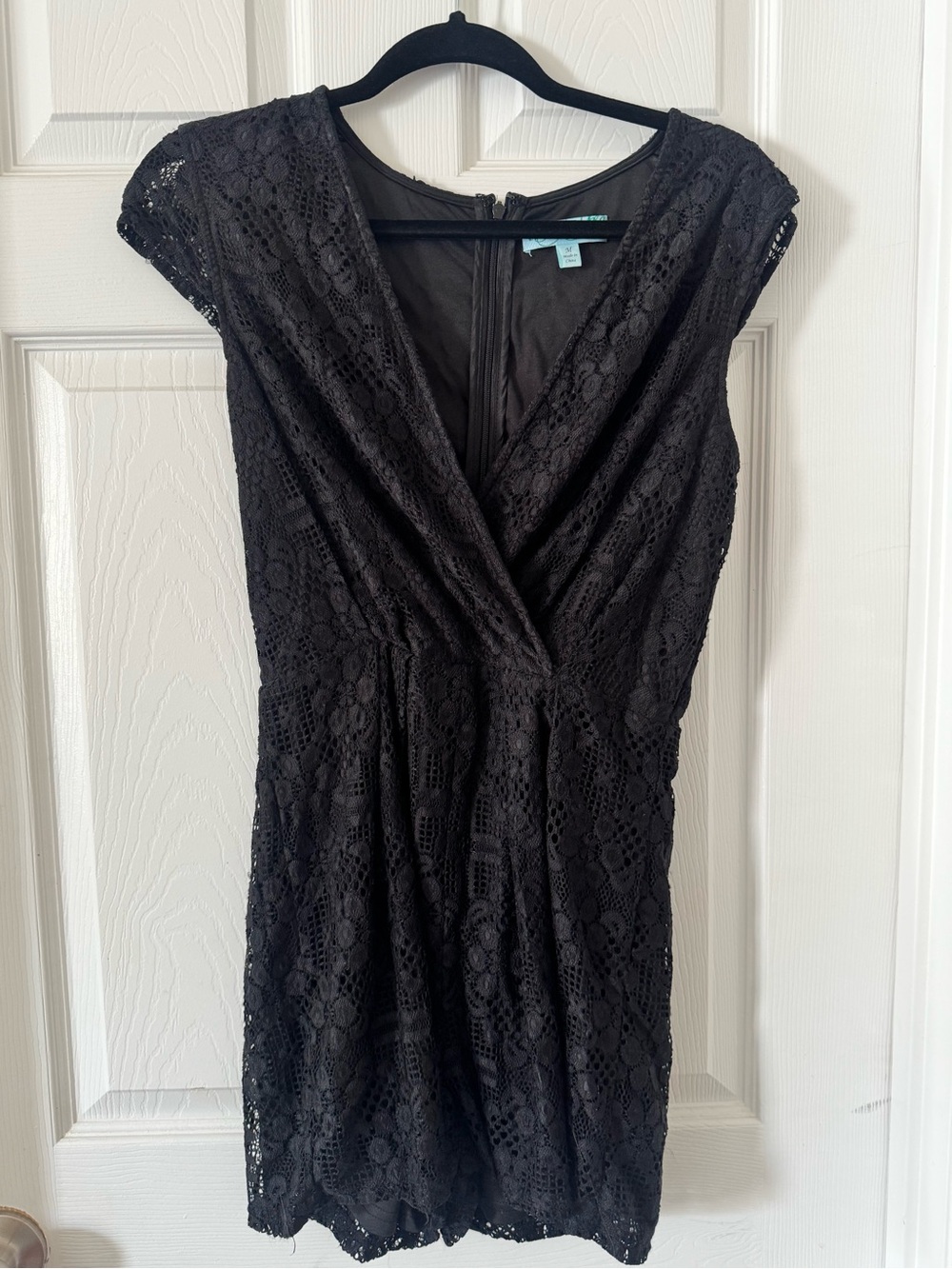 Francesca's Collections Black Lace Surplice Romper
